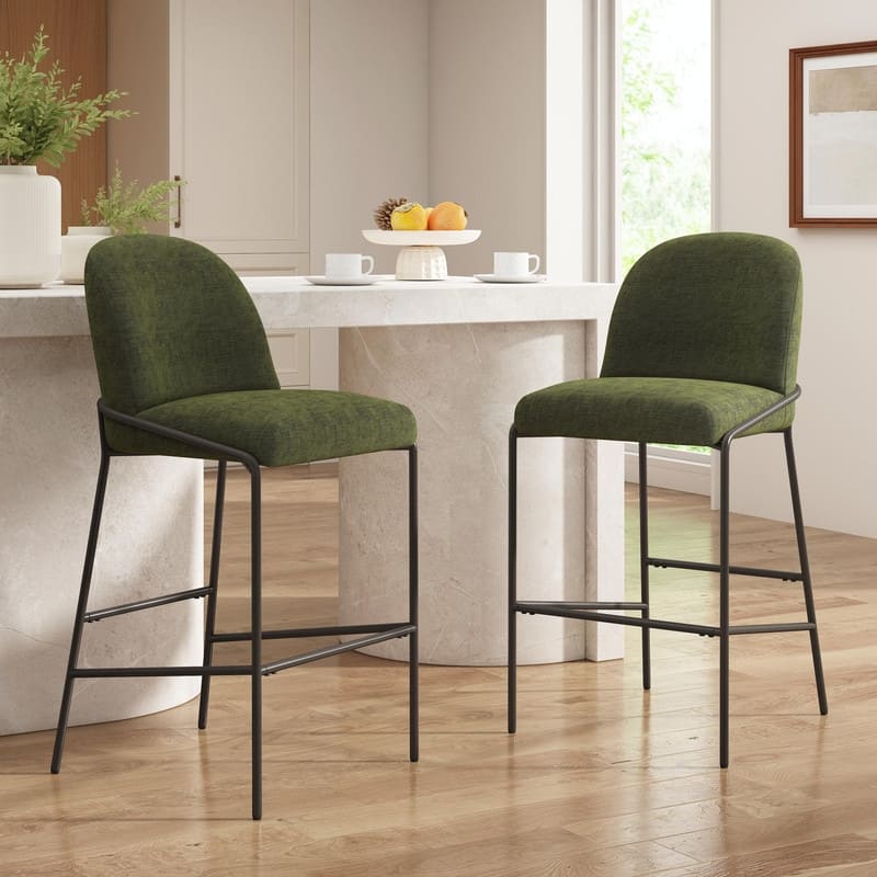 Galen Indoor Upholstered Metal Bar Stools with Gray Fabric and Antique Bronze Finish, Set of 2 - Green