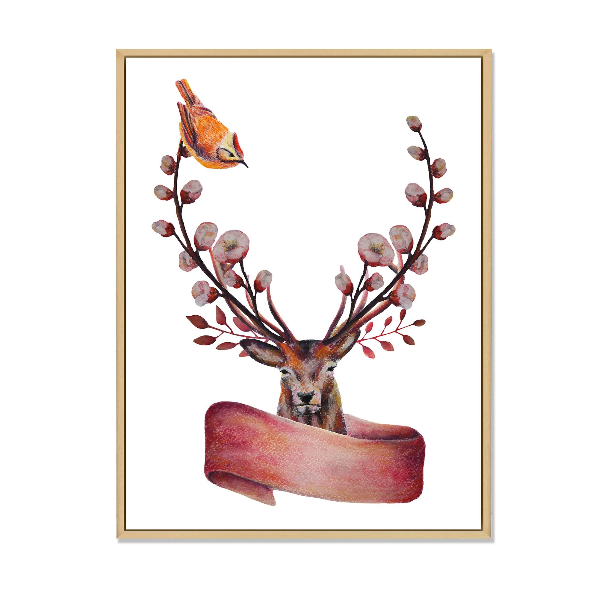 Designart "Floral Wreath With Deer Portrait" Traditional Framed