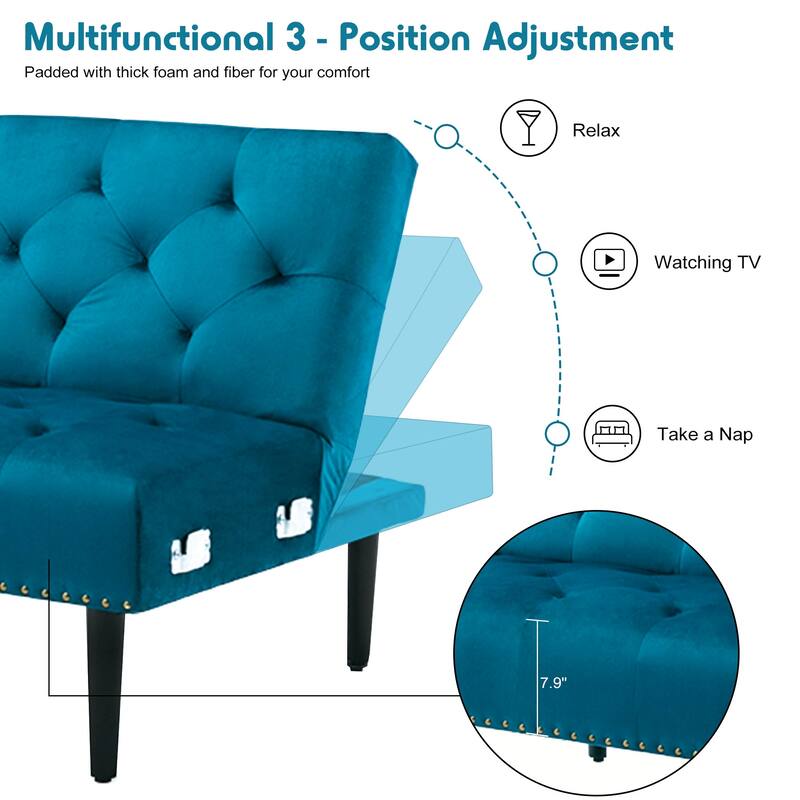 Convertible Velvet Sofa Couch, Sectional Sofa with Ottoman, Mid-Century Futon Sofa Bed - 32"D x 100.7"W x 29.9"H