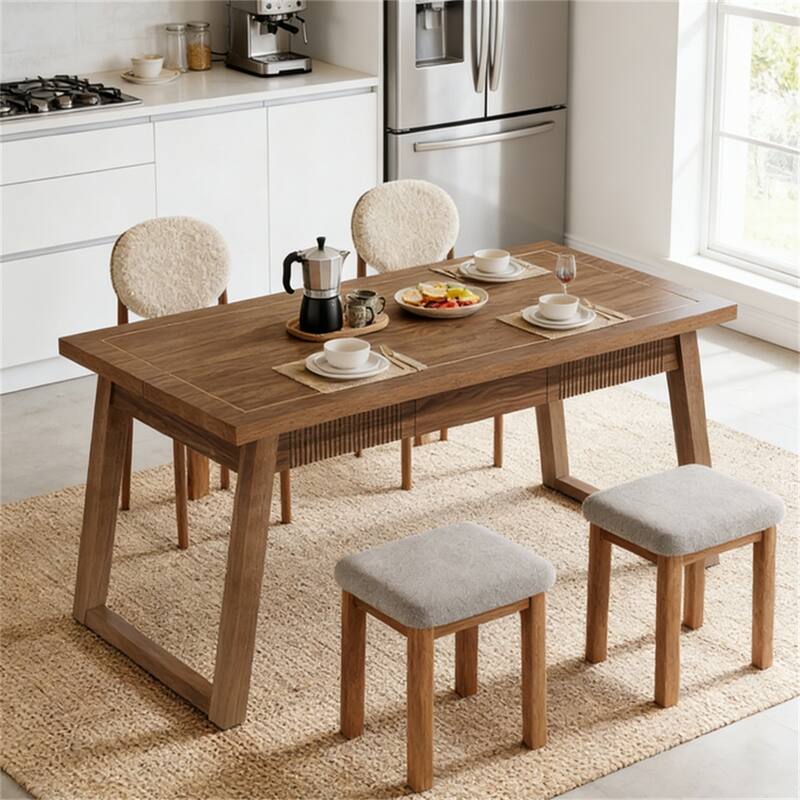 Dining Table with Hidden Drawer, Wood Kitchen Table for 4-6 People, Home Office Table with Wood Legs
