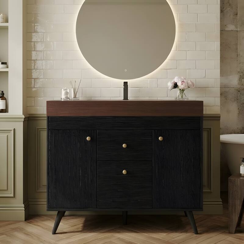 36" Modern Freestanding Bathroom Vanity with Sintered Stone Top, Ceramic Sink & Smart Storage