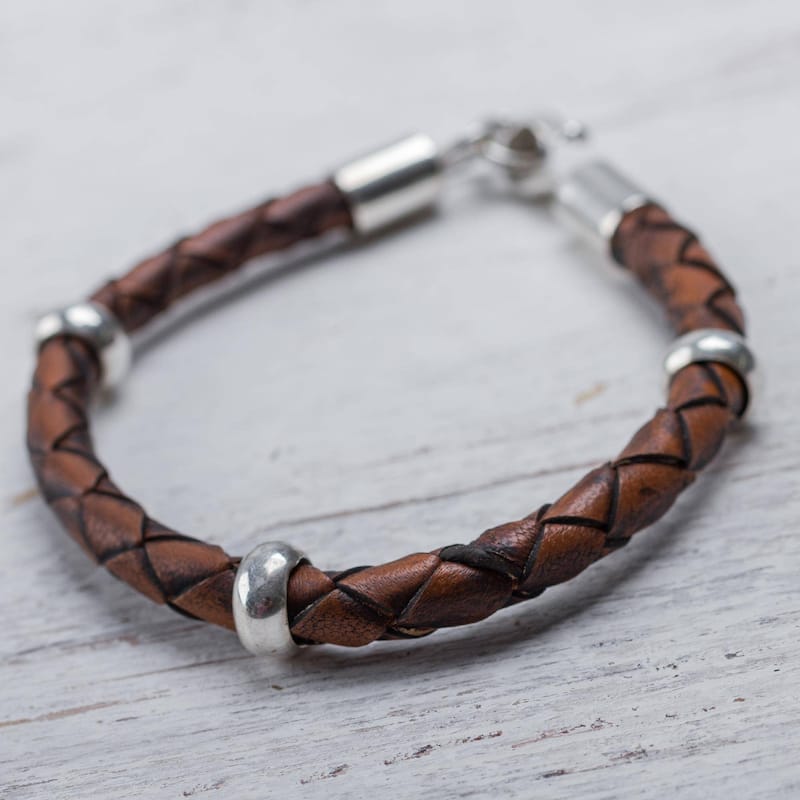 NOVICA Handmade Men's Chankas Warrior Leather Sterling Silver Bracelet (Peru) - 0.3" x 8.75"