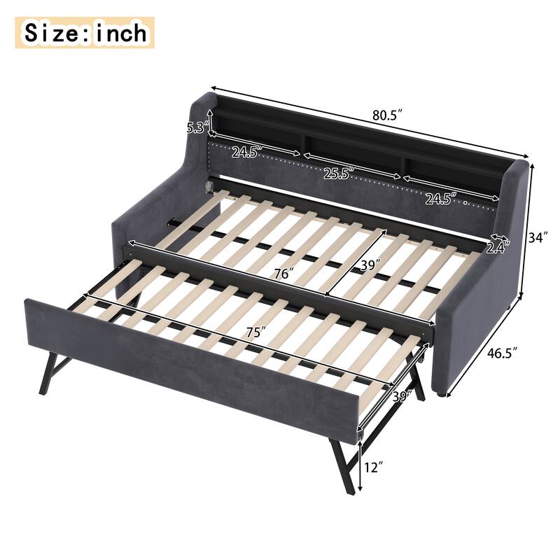 Twin Size LED Daybed with Lift Up Trundle, Velvet Upholstered Daybed with Charging Station, Wood & Metal Platform Sofa Bed Frame