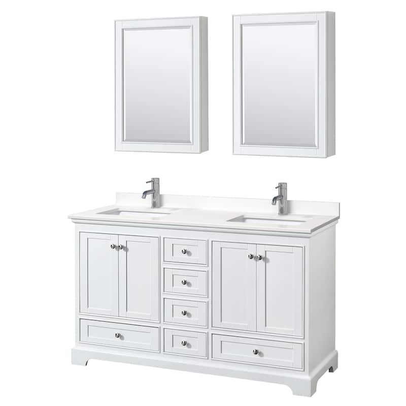 Deborah 60-inch Double Vanity, Quartz Top, Medicine Cabinets - White, Chrome Trim, White Quartz Top