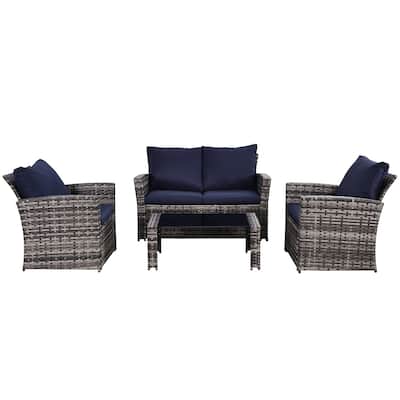 4-Piece Wicker Outdoor Sofa Set, 1 Loveseats, 2 Single Sofas, 1 Table