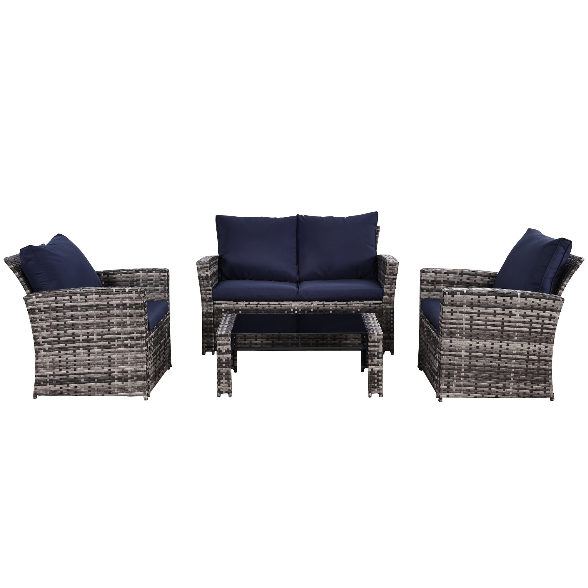 4-Piece Wicker Outdoor Sofa Set, 1 Loveseats, 2 Single Sofas, 1 Table