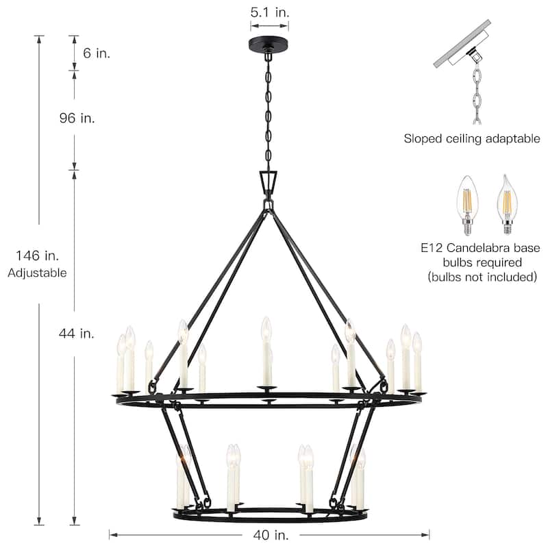 Mills 20-Light Black Candle Style Wagon Wheel Chandelier - 40''W