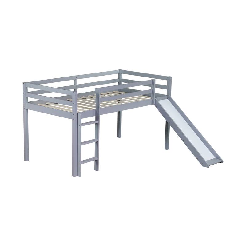 Low Loft Twin Bed with Slide, Ladder, Safety Rails, Rubber Wood Frame, Grey