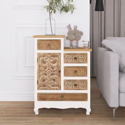 30" Tall Wooden Cabinet with 5 Drawers and 1 Door in Natural
