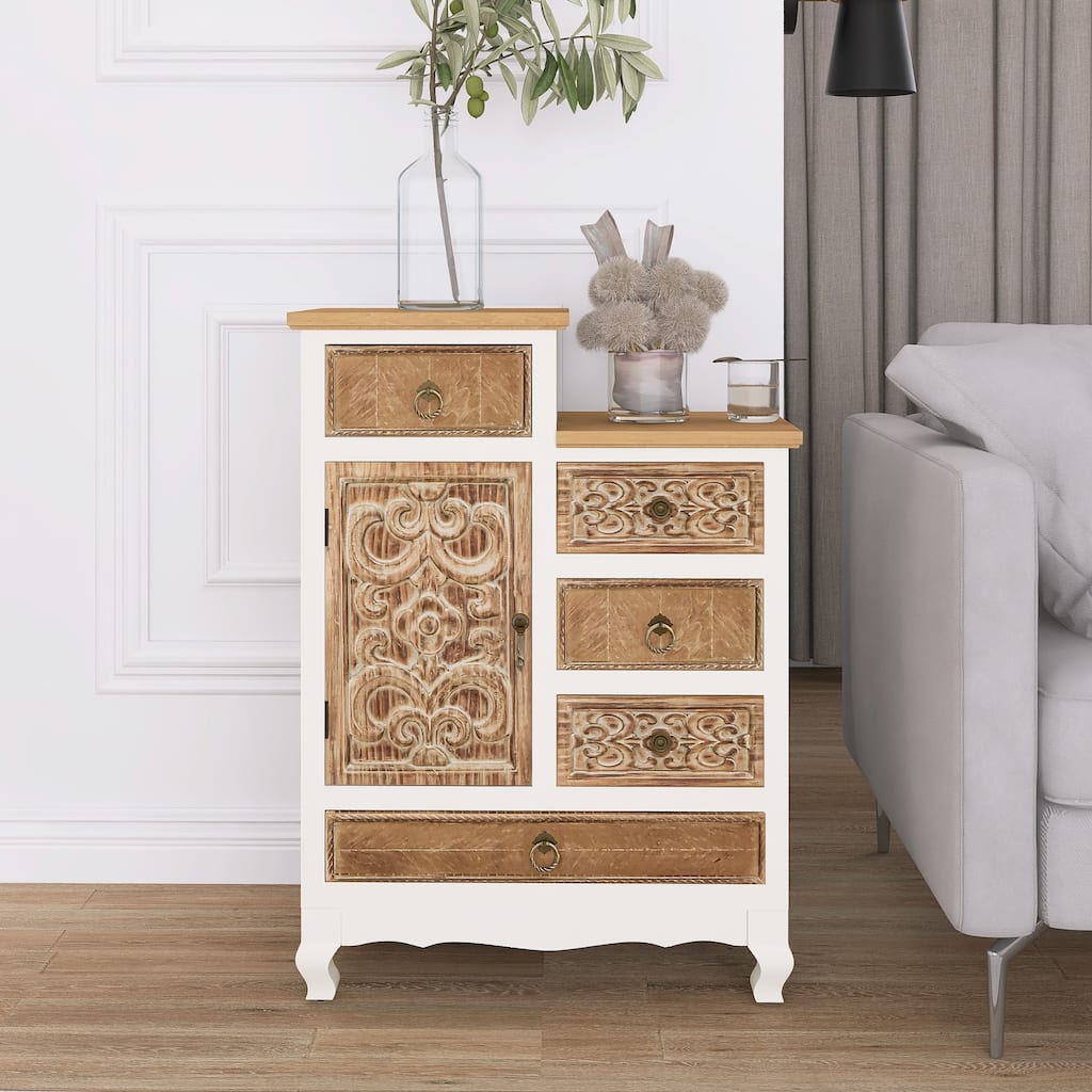 30" Tall Wooden Cabinet with 5 Drawers and 1 Door in Natural
