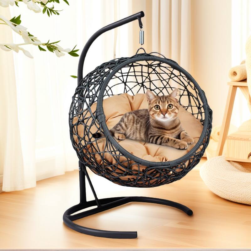 Modern Pet Hammock, Rattan Swing Bed with Stand & Removable Cushion, Gift for Cat/Dog Lovers, Space-Saving Indoor-Outdoor