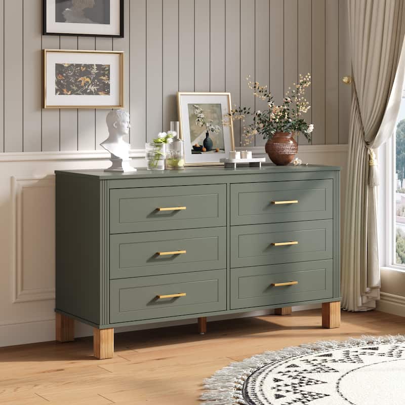 Rossetta 6-Drawer Mid-Century Modern Ribbed Lines Double Dresser Cabinet with Solid Wood Legs and Metal Handles - Olive Green