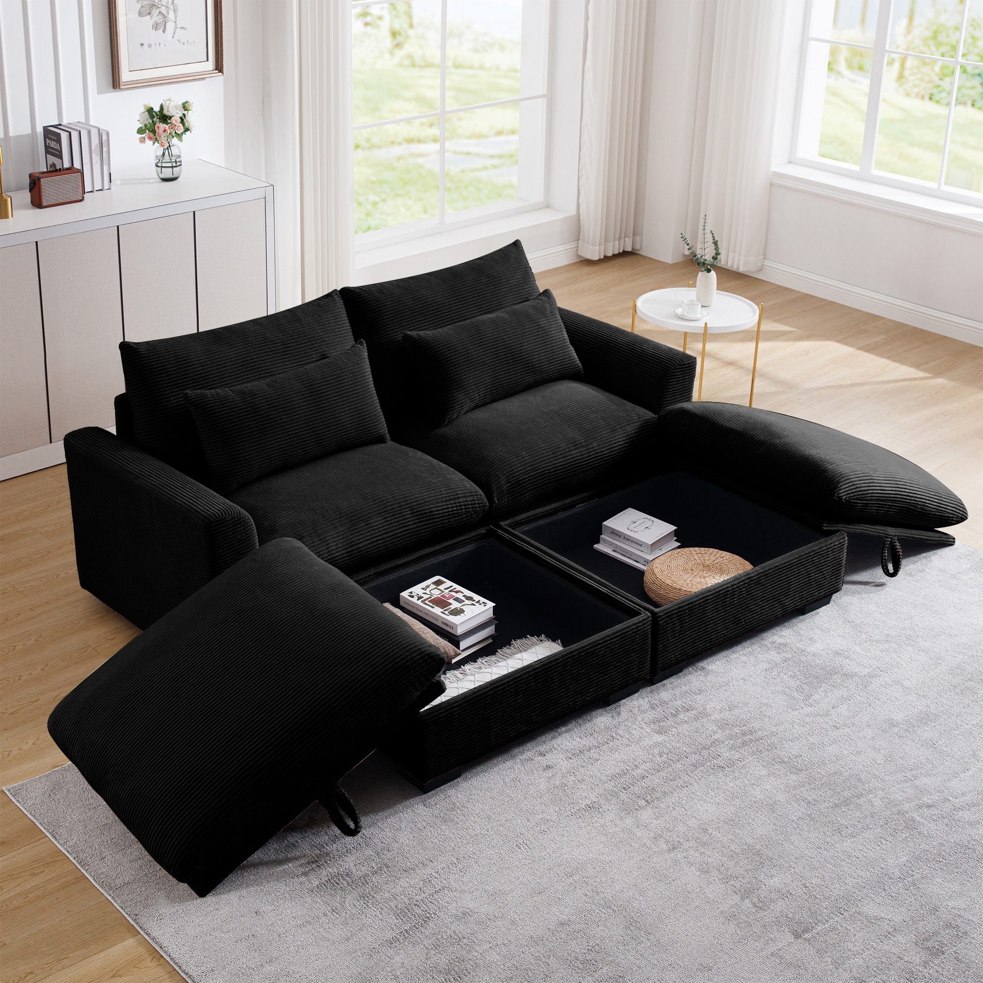 Corduroy Loveseat Sofa Couch with Storage Ottomans, Modern Sectional 2 Seater Sofa with Deep Seat, Pillows for Small Spaces