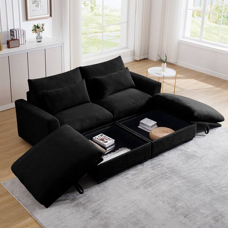 Corduroy Loveseat Sofa Couch with Storage Ottomans, Modern Sectional 2 Seater Sofa with Deep Seat, Pillows for Small Spaces
