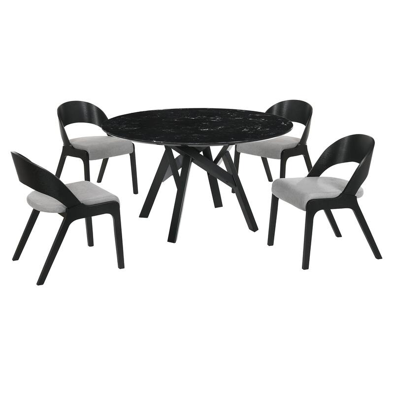 Venus Polly Walnut or Black Wood Round 5 Piece Dining Set with Marble Finish
