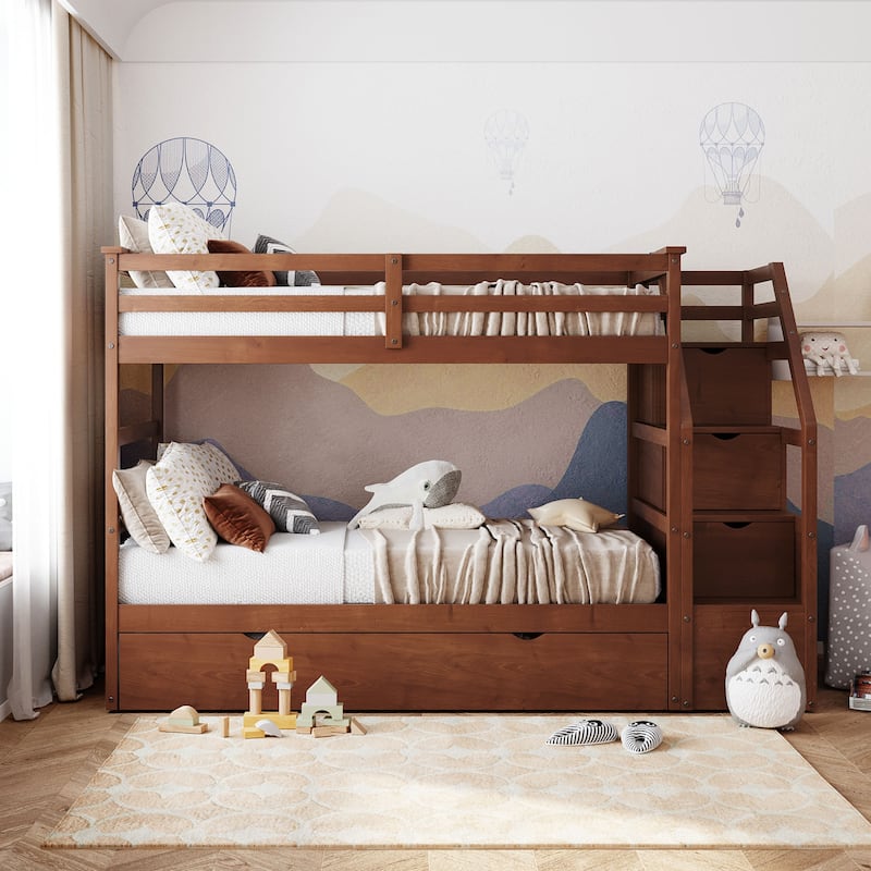 Solid Wood Bunk Bed with Twin Size Trundle and 3Step Storage Stairs