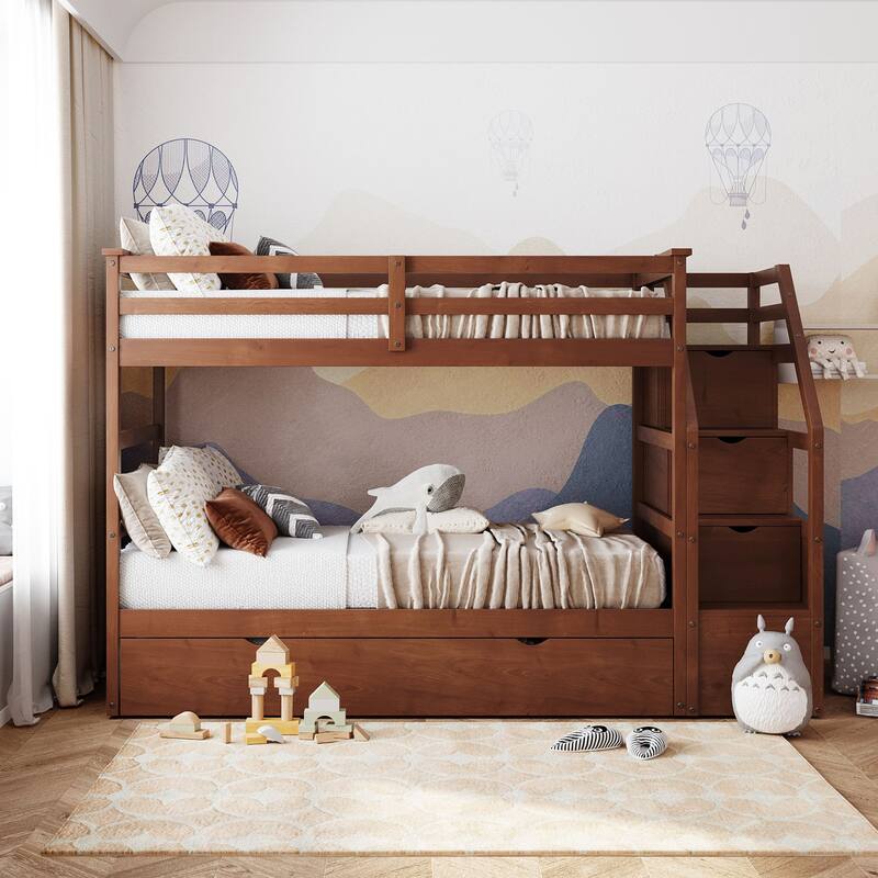 Staircase Bunk Bed with Twin Size Trundle, Solid Wood Bed Frame with 3 Storage Stairs and Safety Guardrail, Twin-Over-Twin Size - Walnut - Twin