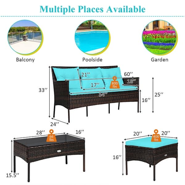 dimension image slide 2 of 3, Costway 3PCS Patio Rattan Furniture Set 3-Seat Sofa Cushioned Table - See details