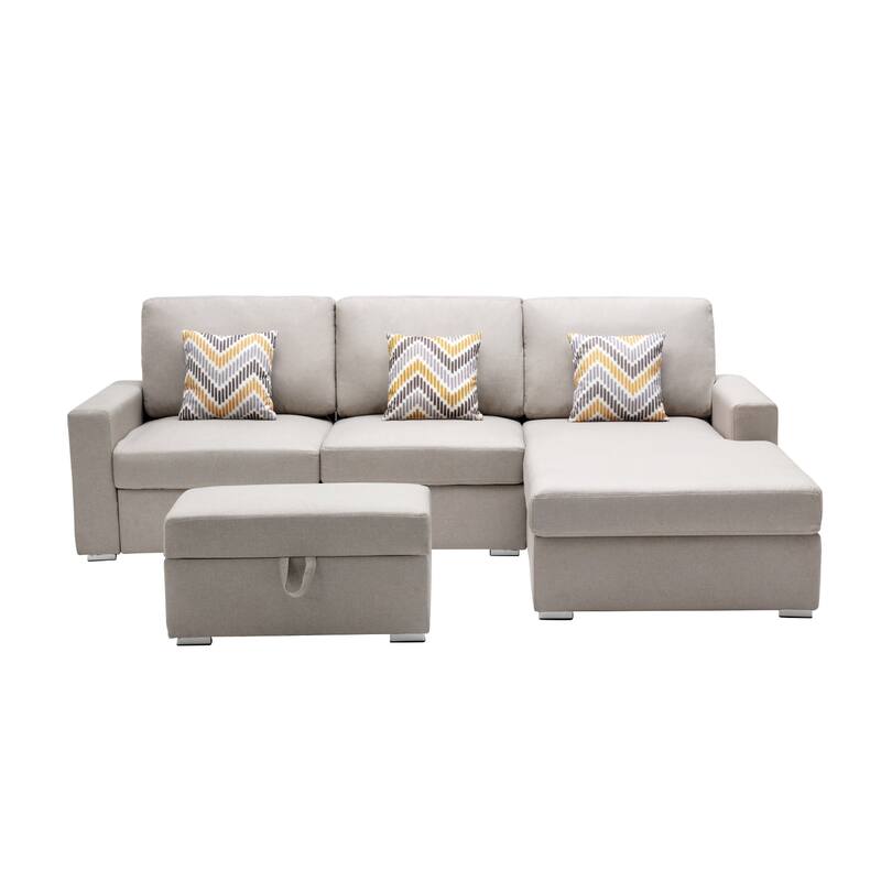 Linen Fabric 4 Piece Reversible Sofa Chaise with Interchangeable Legs, Storage Ottoman, and 3 Pillows in Beige - 4 Piece - Beige