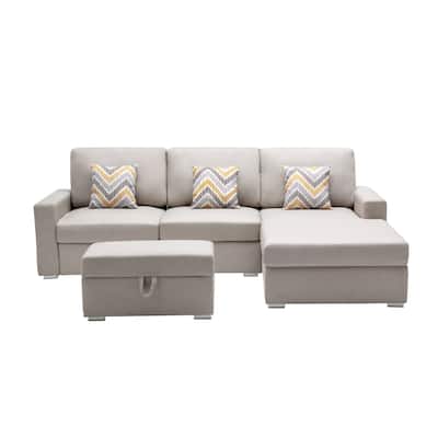 Linen Fabric 4 Piece Reversible Sofa Chaise with Interchangeable Legs, Storage Ottoman, and 3 Pillows in Beige