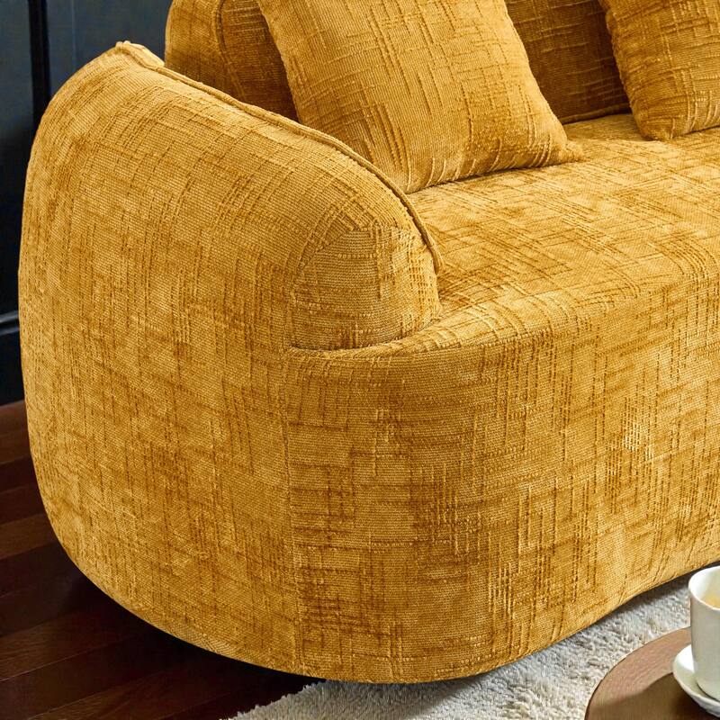 Curved 2 Seater Compressed Sofa Loveseat, Chenille Upholstered Couch with Armrests and Pillows, No Assembly