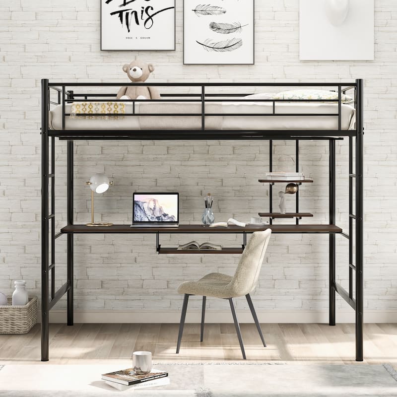 Full Size Metal Loft Bed with Desk and Shelf , Space Saving Design for Kids, Bedroom