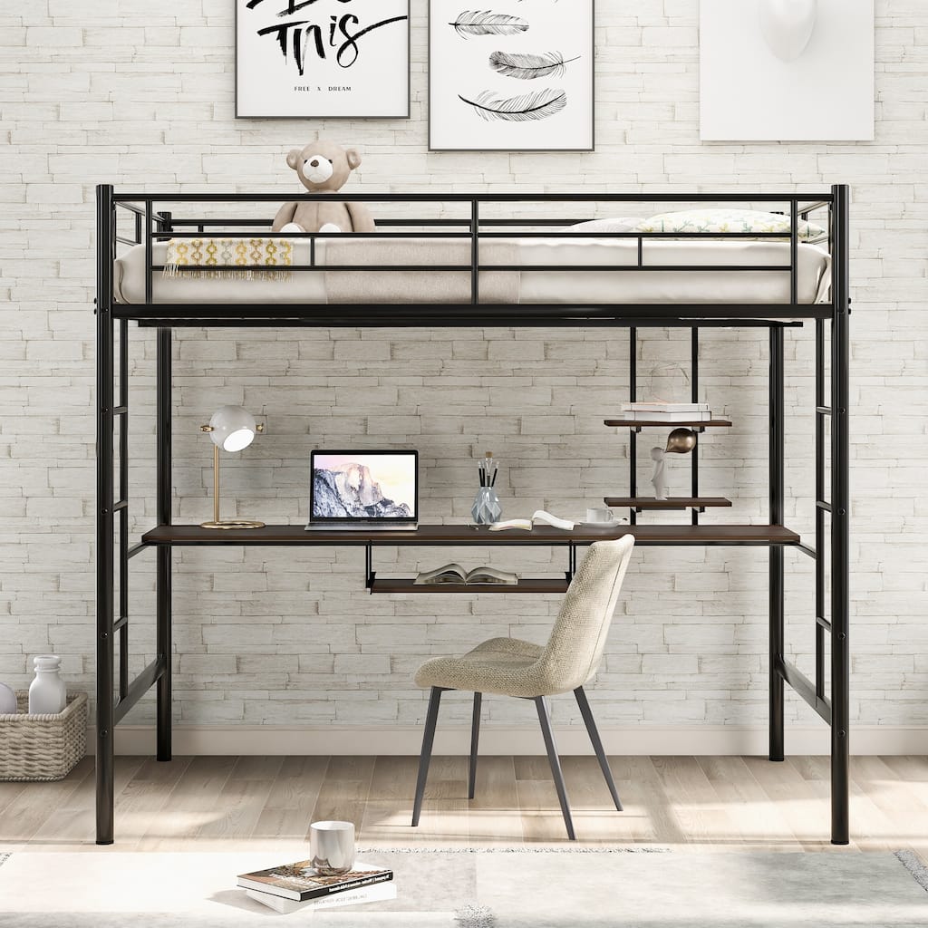 Metal Full Size Loft Bed with Built In Desk and Storage Shelves, Heavy Duty Steel Loftbed Frame with Guardrails and 2 Ladder