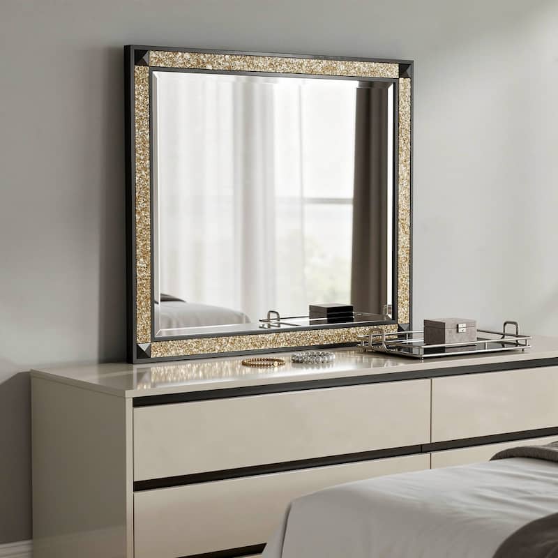 HomeRoots 36" Black And Gold Faux Crystal And Wood Dresser Mount Framed Mirror - 38.00 in. x 36.00 in. x 1.00 in. - 38.00 in. x 36.00 in. x 1.00 in.