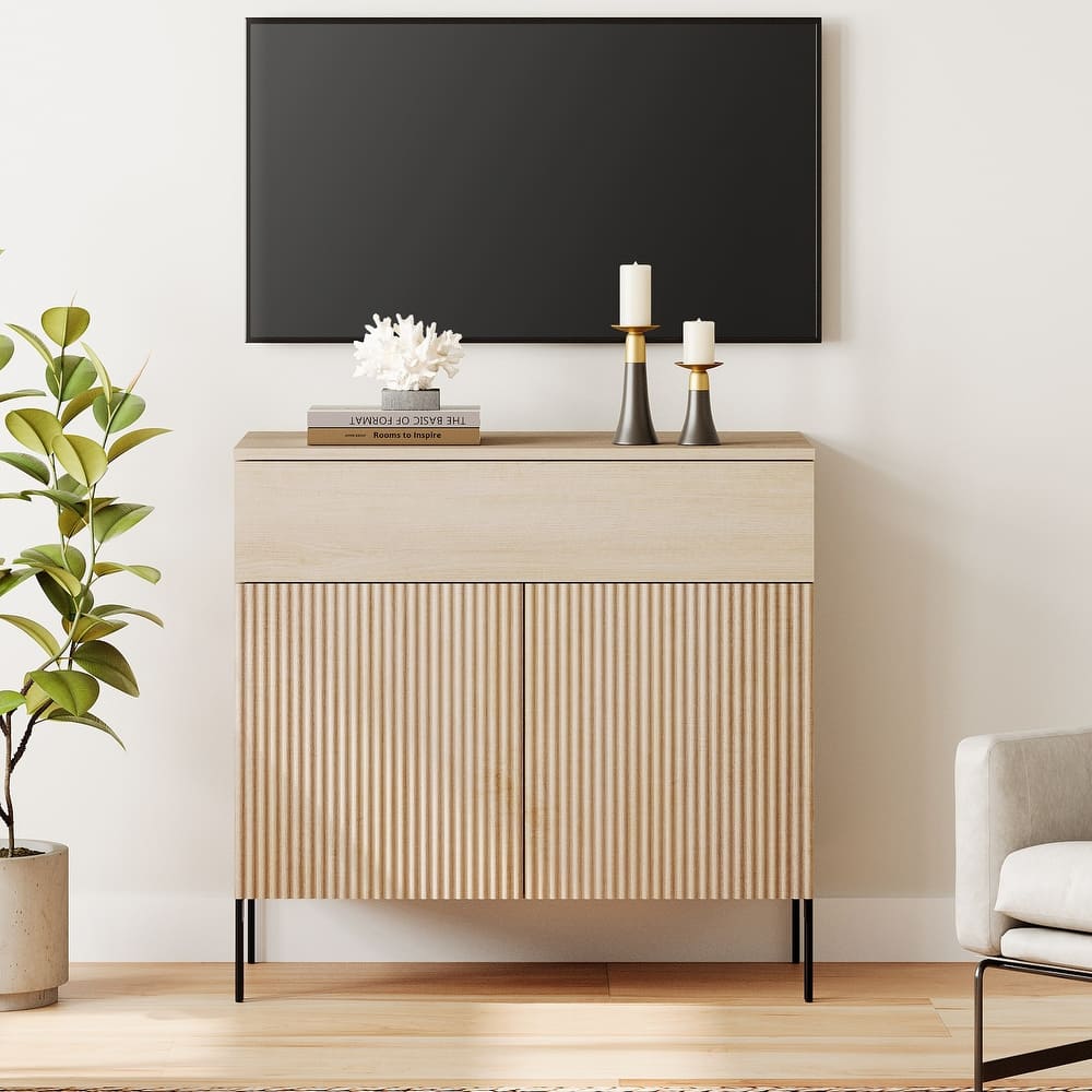 31.5" Modern Reeded TV Stand With Doors, Entertainment Center With Shelf, Wooden TV Console