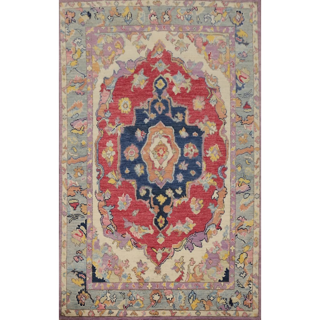 Hand Knotted Oriental 100% Wool Carpet Transitional Medallion Red Oushak Area Rug - 6' 11'' X 5' 1''