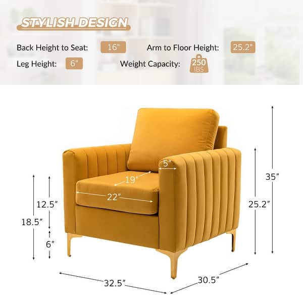 dimension image slide 7 of 8, Ganymedes Modern Velvet Accent Arm Chair with Golden Legs by HULALA HOME