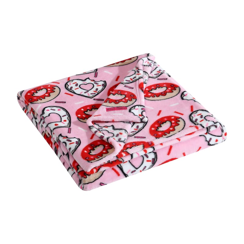 Betsey Johnson Printed Ultra Soft Plush Fleece Throw Blanket - Donut Hearts Pink