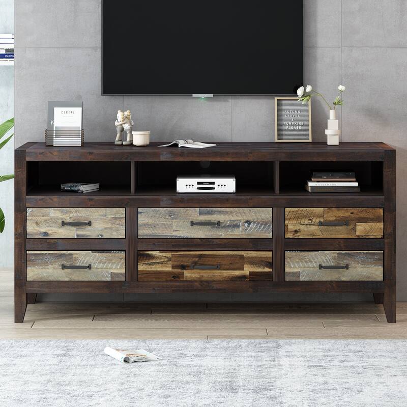 64" Distressed Wood TV Stand, 6 Drawer Storage & 3 Shelves, Cable Management - Farmhouse Style