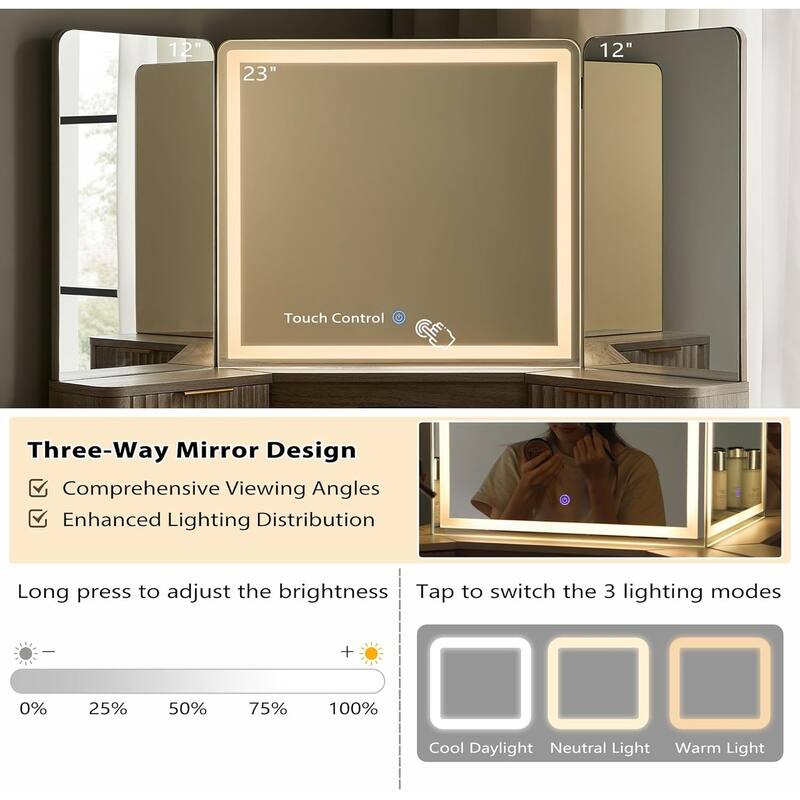 Modern Fluted Makeup Vanity Desk with 3 Way Mirror&Light, Vanity Table