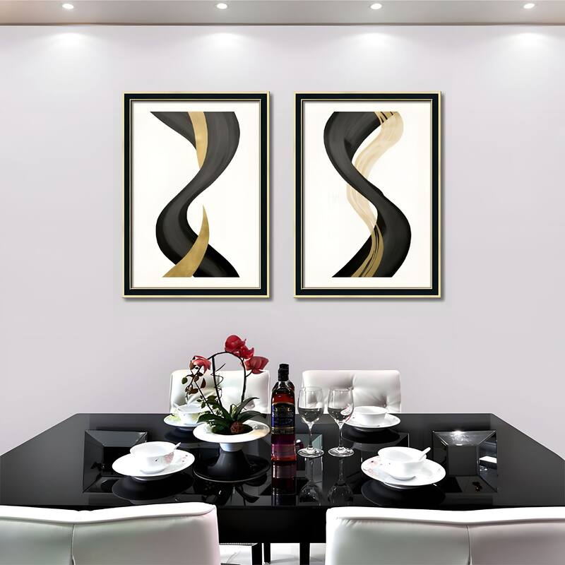Set of 3 Black and Gold Abstract Framed Wall Art - Replaceable Canvas Prints with Solid Wood Picture Frames