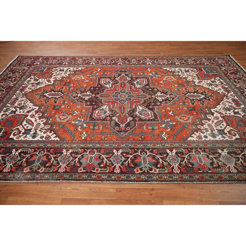 Hand Knotted Oriental 100% Wool Carpet Traditional Medallion Red Heriz Area Rug - 10' 7'' X 7' 2''