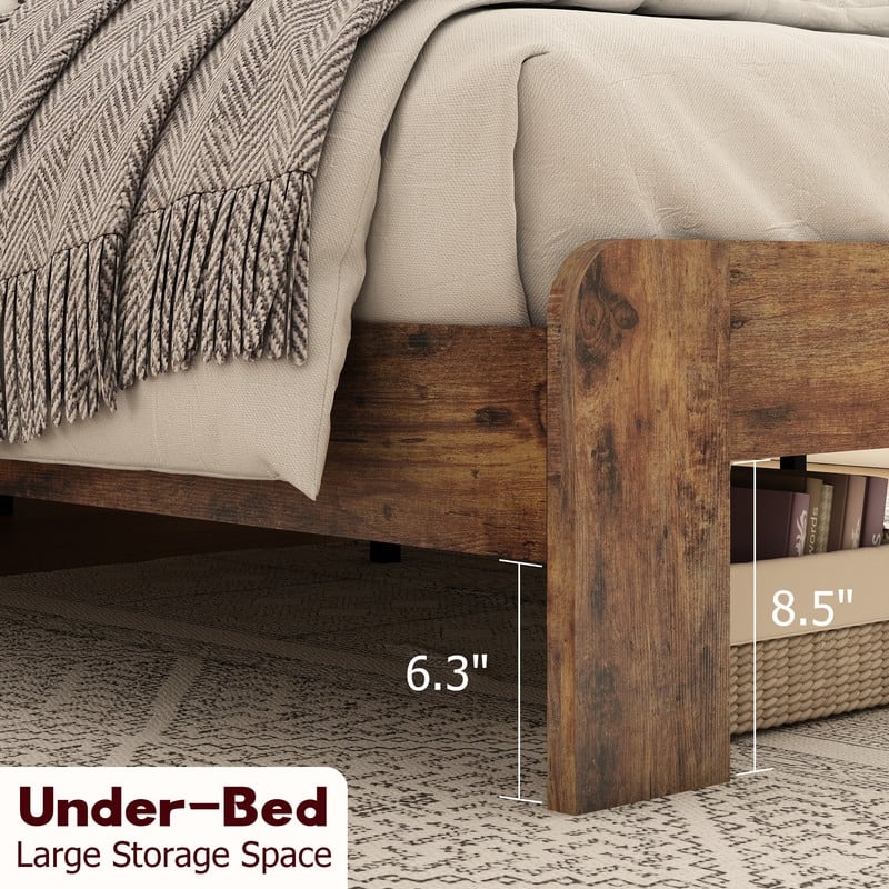 Rustic Farmhouse Dark Brown Queen Size Wood Platform Bed Frame for Bedroom