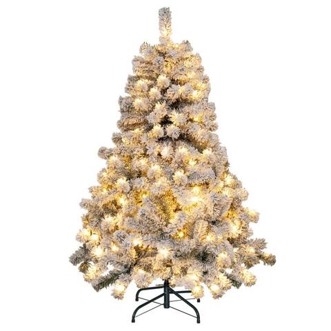 4.5 Feet Pre-Lit Premium Snow Flocked Christmas Tree with 150 Lights - 2.4 ft x 4.5 ft (Dia. x H)