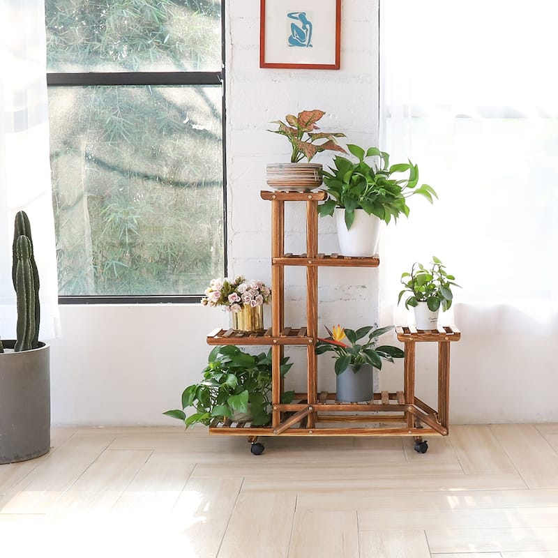6 Tiered Wooden Shelf Rolling Plant Stand Storage Rack Holder - Brown