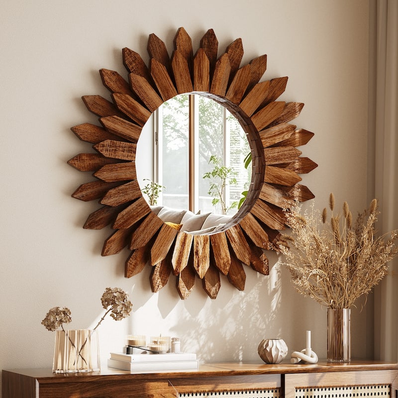 Sunflower Bathroom Mirror Round Wooden Wall Mirror - 20"x20" - Dark Brown