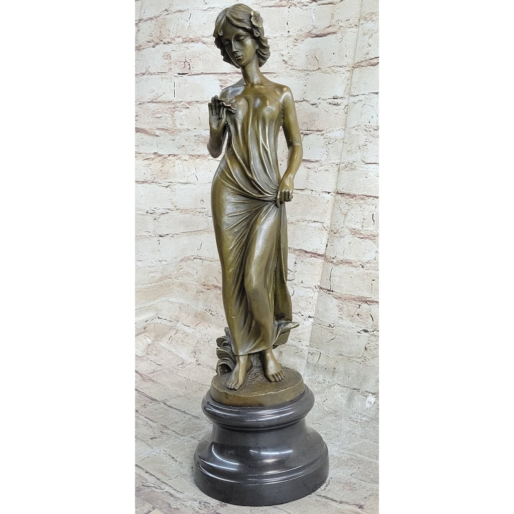 Bronze Sculpture Young Lady Gazes Into A Flower By Moreau Art Nouveau Deco Decor