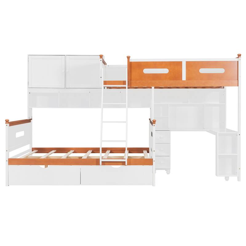 Twin over Full LED Bunk Bed with Built In Desk, Solid Wood Loft Bed and Platform Bed with Shelves, Cabinet and Drawers