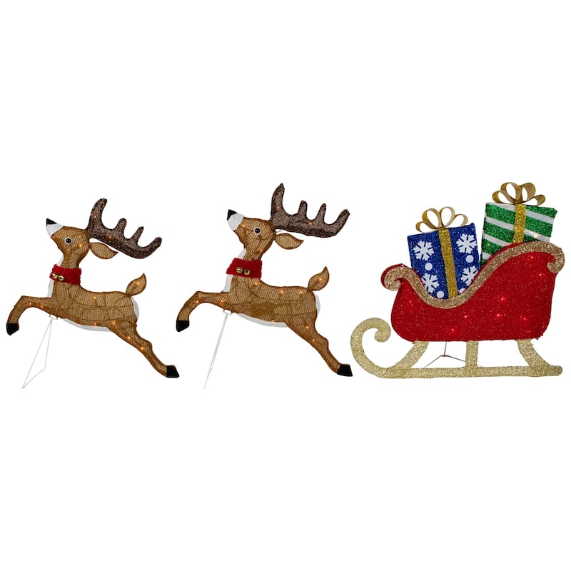 Set of 3 Lighted Reindeer Sleigh Outdoor Christmas Decoration 25.25" - Brown