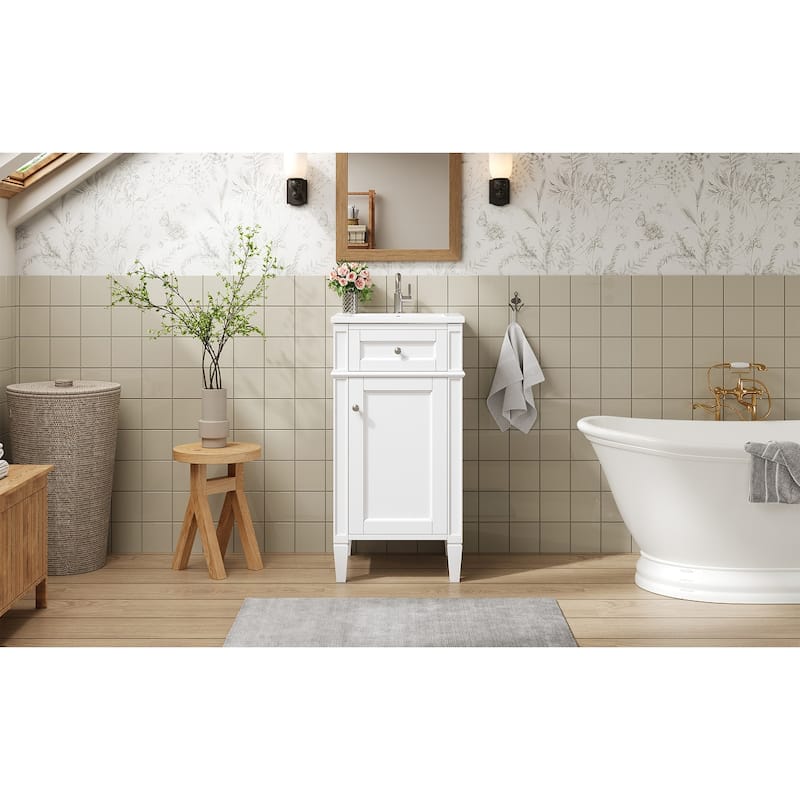16" Bathroom Vanity with Ceramic Sink, Freestanding Single Vanity Set with Soft Closing Door, Adjustable Shelf, French Style