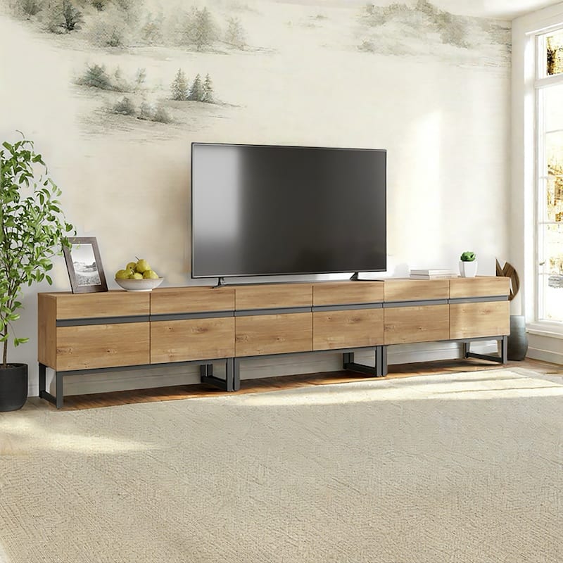 WAMPAT Modern TV Stand with Storage Cabinets, Wood Entertainment Center Media Console Table with Metal Legs for Living Room - 3 piece - Oak