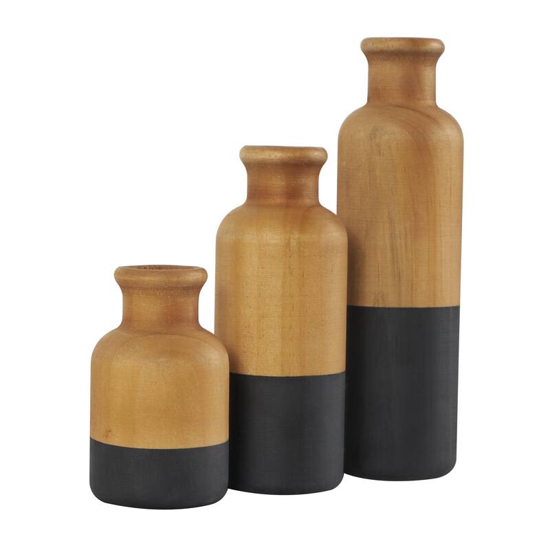 Wood Colorblock Decorative Vase with White or Black Bases - Set of 3 Brown - Roche River Decor