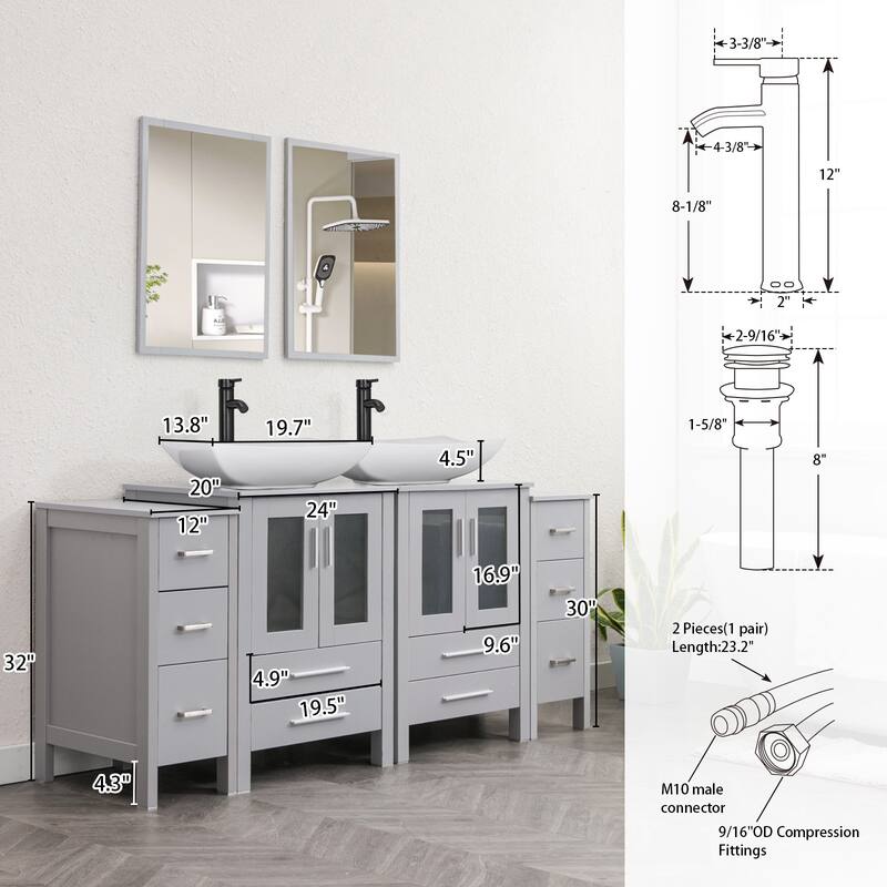72" Bathroom Vanity Set Glass Ceramic Vessel Sink Side Cabinet Combo