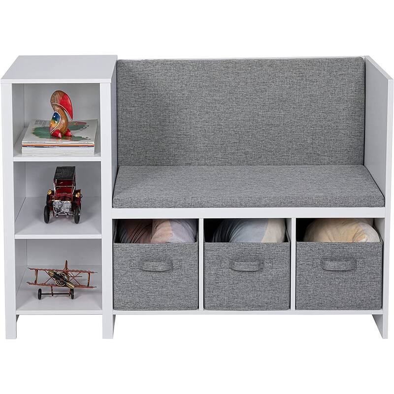 UTEX Kids Bookcase with Reading Nook, 6-Cubby Toy Storage Organizer with Bins,Kids Bookshelf and Storage,White