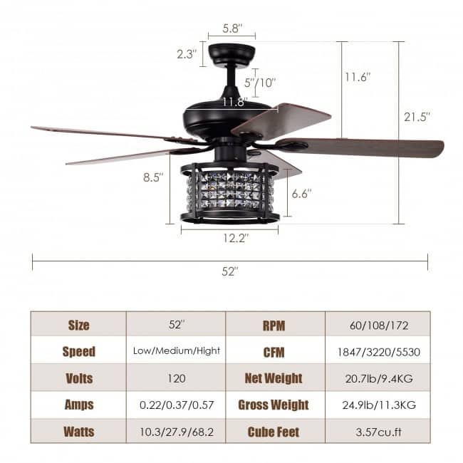 52 Inch 3-Speed Crystal Ceiling Fan Light with Remote Control - 52" D x 21.5" H