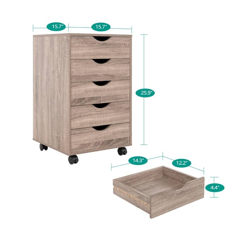 5 Drawers Chest, Wood Storage Dresser with Wheels, Craft Storage Organizer and Storage Drawer Office Drawer Unit